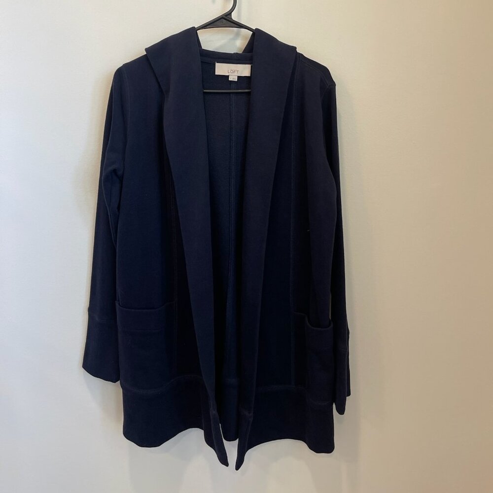 LOFT Women’s SOFT Navy Blue Open Style Hooded Cardigan Size Small Pockets Comfy